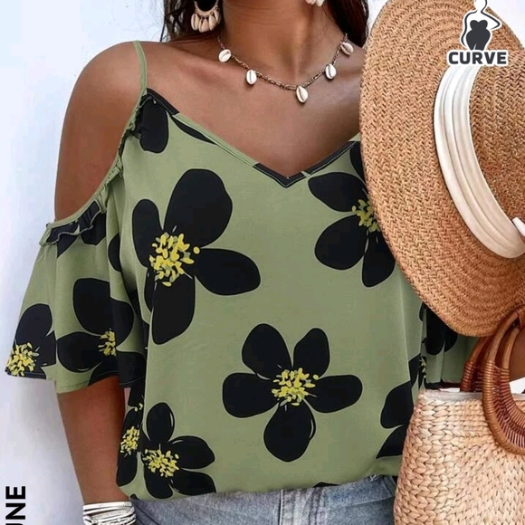 Green Floral Cold Shoulder Top - Picture 2 of 3